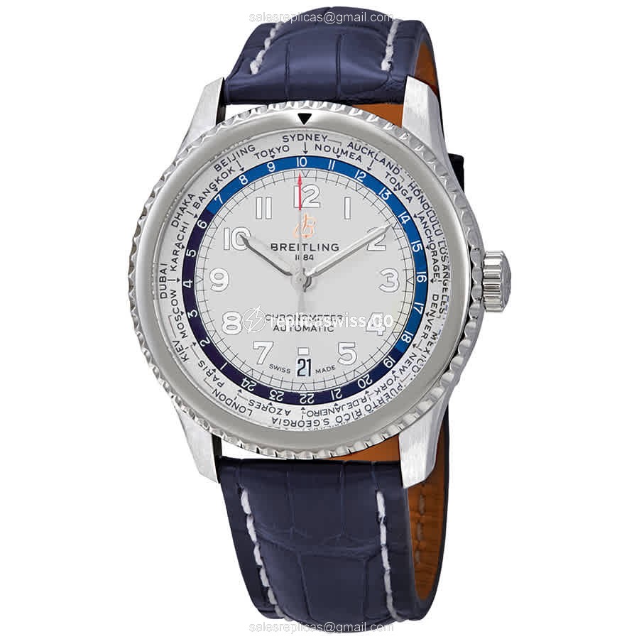 Breitling Aviator 8 Replica | Automatic Movement | Silver Dial, Blue Alligator Strap Watch