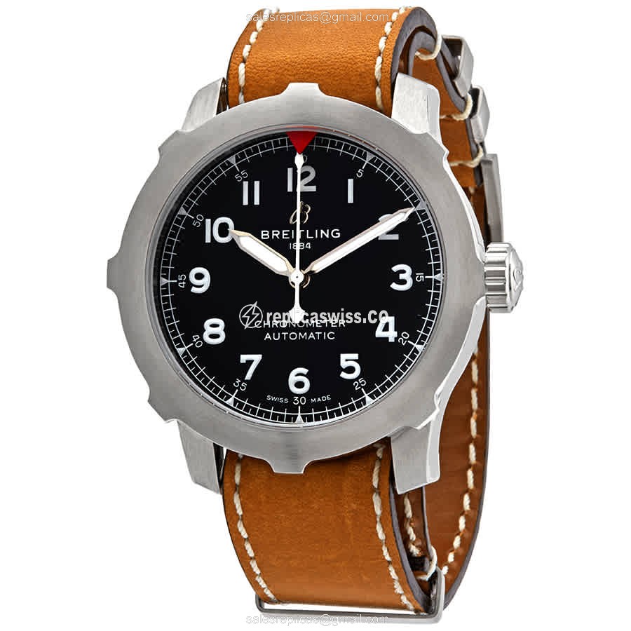 Breitling Aviator 8 Replica in Black Dial & Steel Case, Automatic Movement & Brown Cowhide Strap