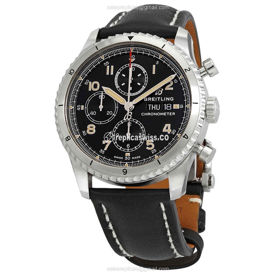 Breitling Aviator 8 Replica in Stainless Steel, Automatic Movement, Black Dial & Cowhide Strap Watch