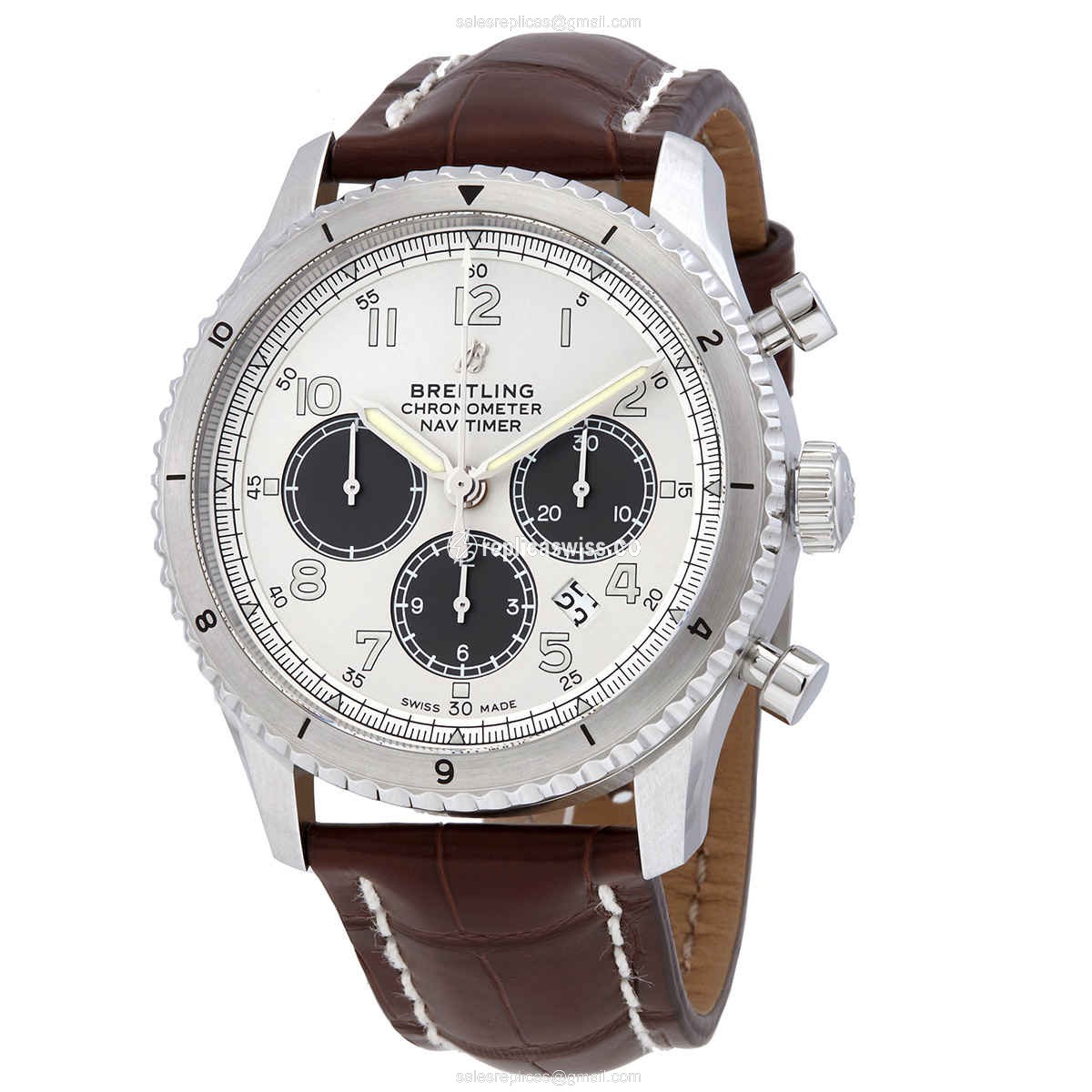 Breitling Aviator 8 Replica with Automatic Movement Silver Dial, Alligator Brown Strap Watch