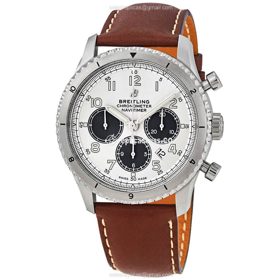 Breitling Aviator 8 Silver Dial Automatic Replica, Steel Case & Brown Cowhide Strap Watch