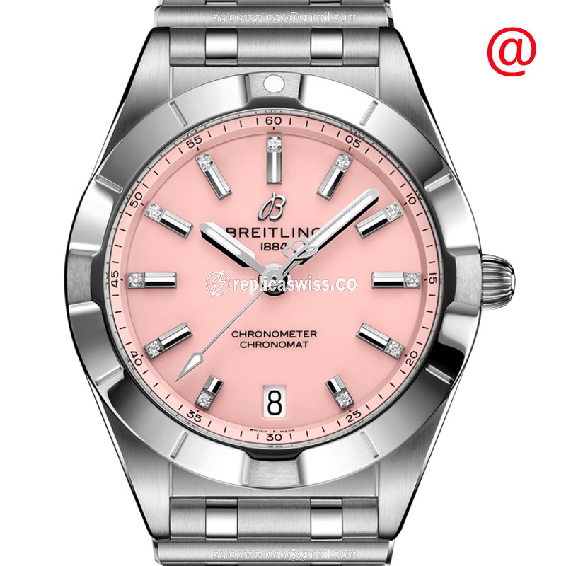 Breitling Chronomat B01 Pink Dial Steel Case Automatic Movement Replica, Silver Steel Bracelet Watch