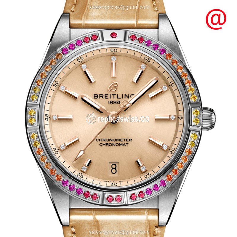 Breitling Chronomat B01 Replica, Automatic Movement, Beige Bezel & Alligator Strap Watch