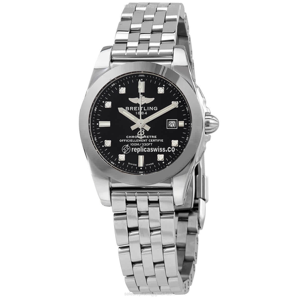 Breitling Galactic Replica in Stainless Steel Case | Black Dial & Silver Steel Clasp Watch