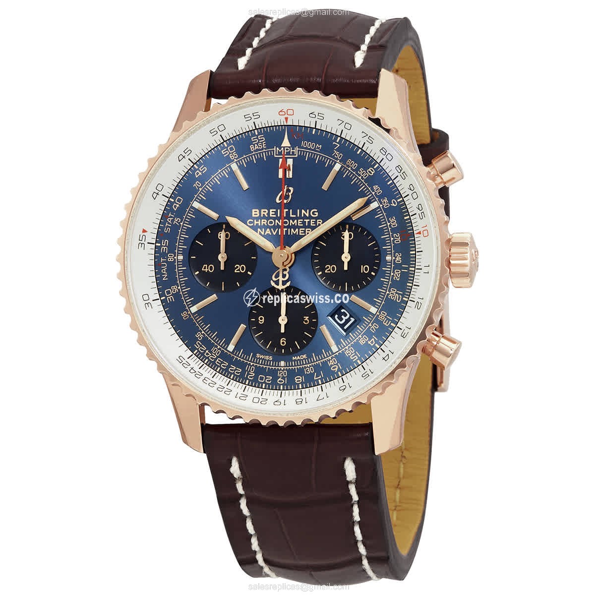 Breitling Navitimer 1 Replica in 18kt Gold, Automatic Movement, Blue Dial & Brown Alligator Strap