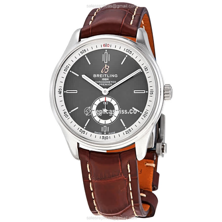 Breitling Premier A37340351B1P1 Automatic Steel Watch with Gray Dial Brown Alligator Strap