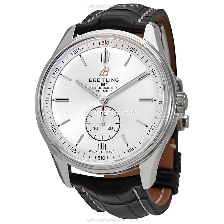 Breitling Premier A37340351G1P1 Automatic Steel Watch with Silver Dial & Black Alligator Strap