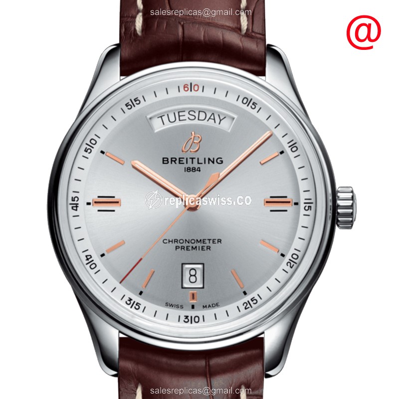 Breitling Premier A45340211G1P2 Replica | Automatic Movement | Silver Dial & Brown Alligator Strap