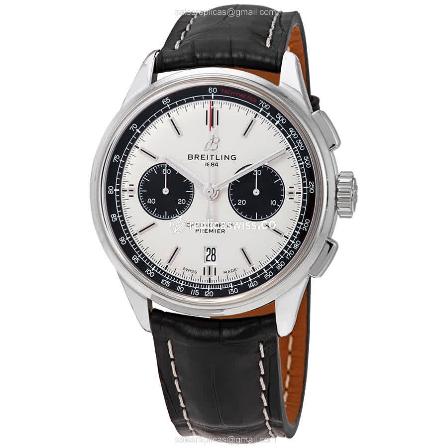 Breitling Premier AB0118221G1P2 Automatic Steel Watch | Silver Dial, Alligator Strap