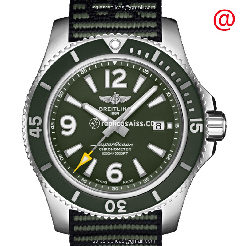 Breitling SuperOcean 44 Replica in Stainless Steel | Automatic, Green Dial & Green Fabric Strap