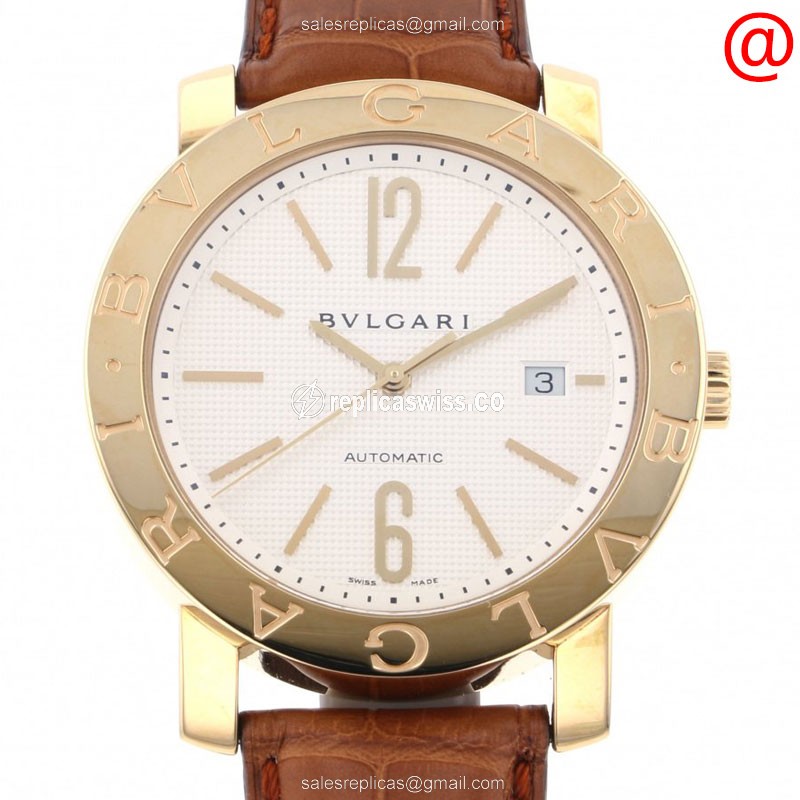 Bulgari 101404 Automatic Watch | White Dial, 18kt Gold Case & Brown Alligator Strap