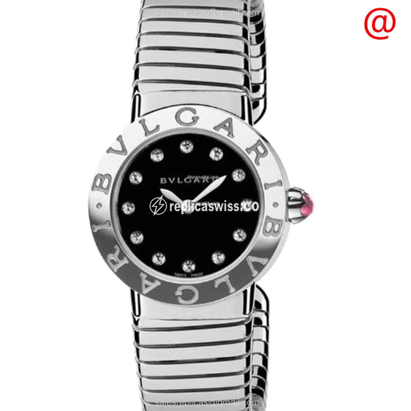 Bulgari 102224 – Black Dial Quartz Watch, Stainless Steel Case, Silver Bangle Strap