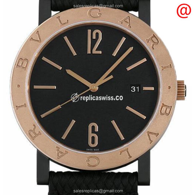 Bulgari 102977 Black Dial Automatic Bronze Watch, Leather Strap, Sapphire Crystal