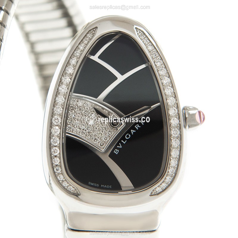 Bulgari Serpenti SP35BD1SDS.1T Replica, Black Dial & Diamond Case, Stainless Steel & Silver Bangle