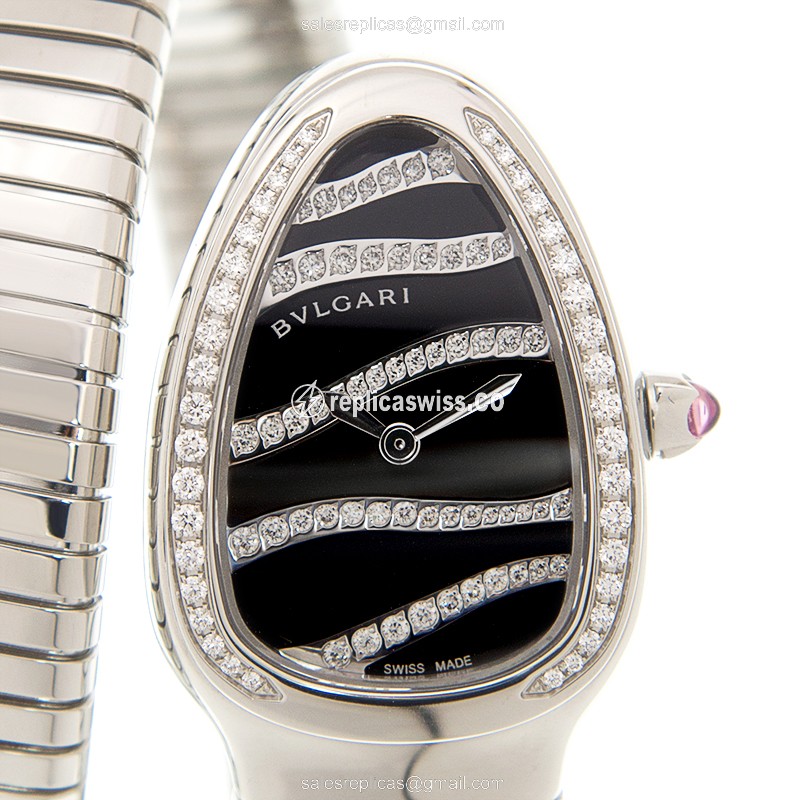 Bulgari Serpenti SP35BDSDS.1T Replica in Stainless Steel, Black Dial, Silver Strap Watch