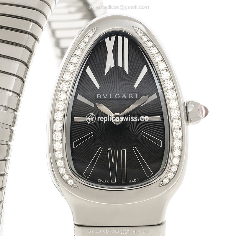 Bulgari Serpenti Tubogas 103434 Replica, Black Dial, Stainless Steel Case & Diamond Bezels Watch