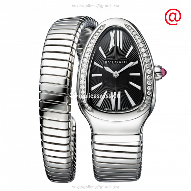 Bulgari Serpenti Tubogas Replica in Stainless Steel, Black Dial & Diamond Bezels Watch