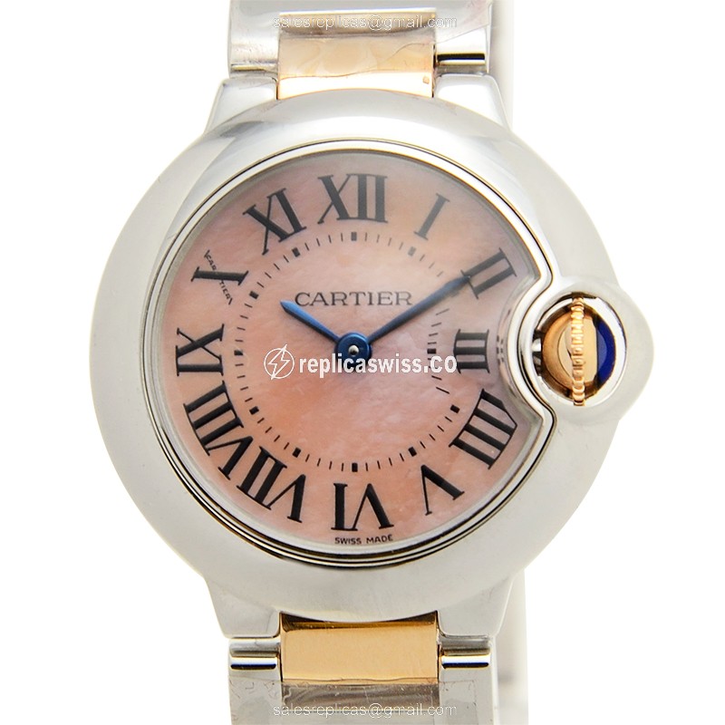 Cartier Ballon Bleu Pink Dial Stainless Steel Quartz Watch with 18kt Steel Clasp Silver Band