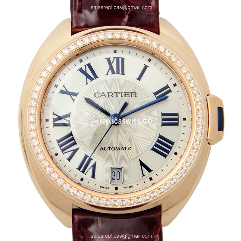 Cartier Cle De Cartier Automatic White Dial in 18kt Rose Gold with Red Alligator Strap & Sapphire