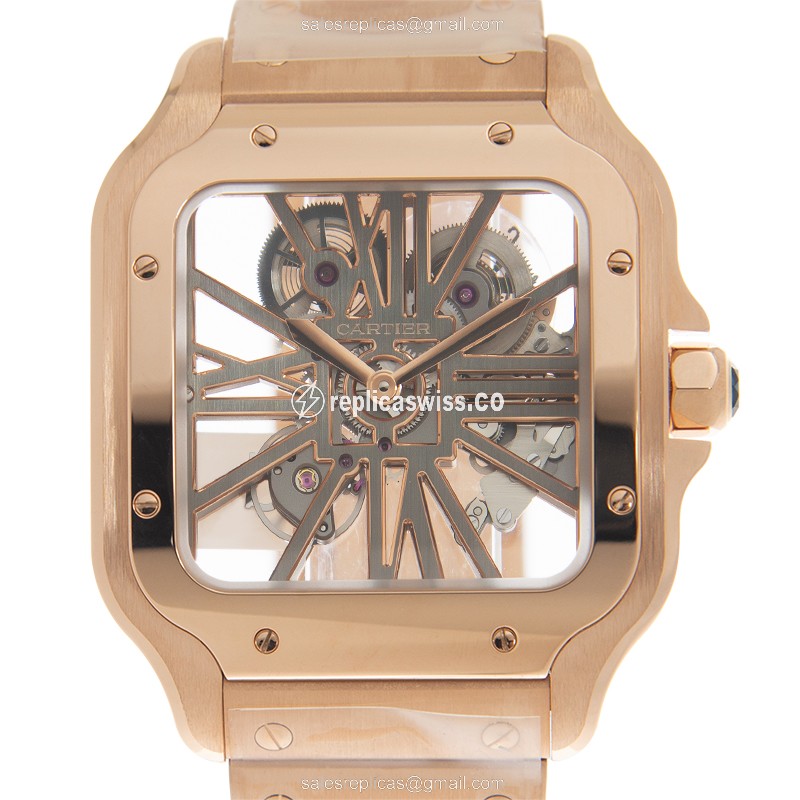 Cartier Santos Manual Wind — 18kt Rose Gold Case & Gold Clasp, Transparent Dial Watch