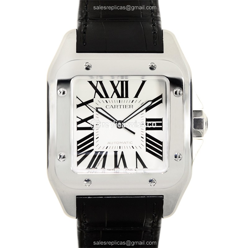 Cartier Santos W20073X8 Automatic Replica, White Dial, Stainless Steel Case & Black Alligator Strap