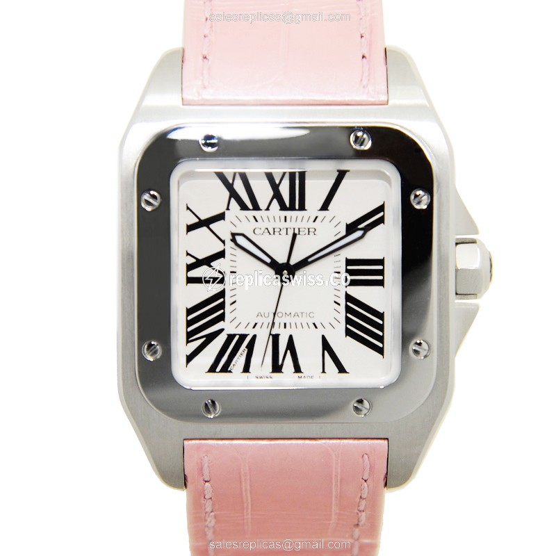 Cartier Santos W20126X8 Steel Case Automatic Movement with Silver Dial Pink Alligator Strap