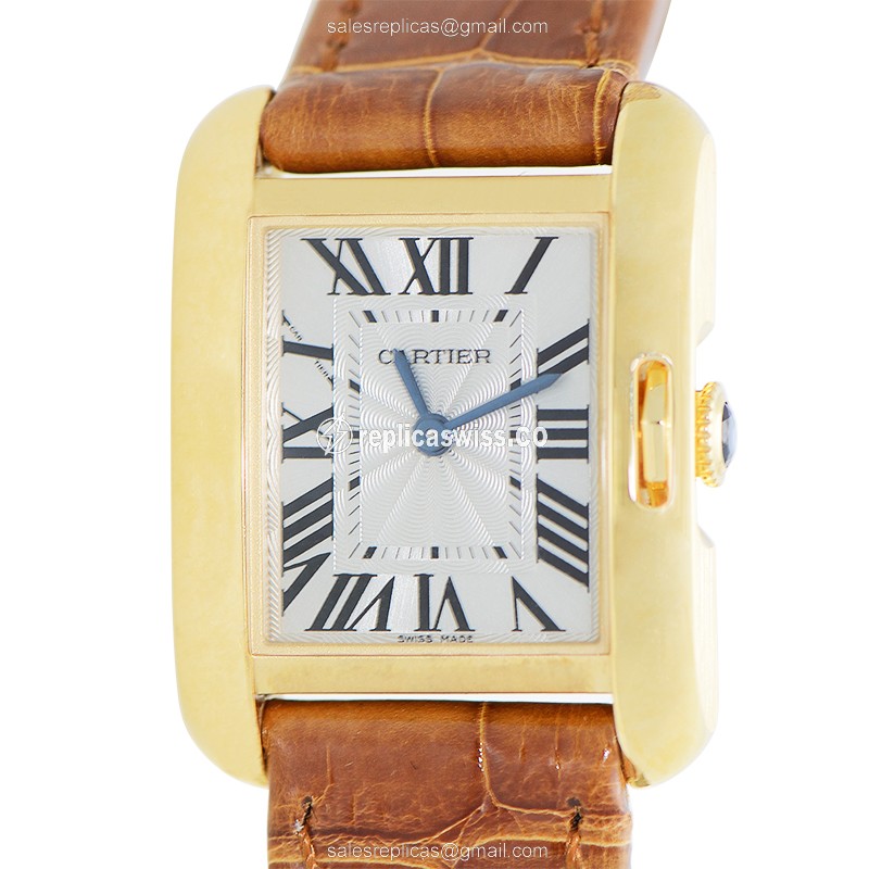 Cartier TANK Quartz Replica in 18kt Yellow Gold with White Dial Brown Alligator Strap Watch