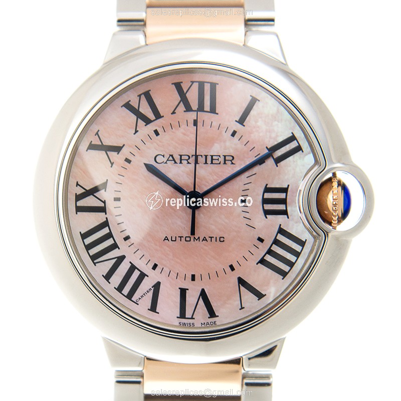 Cartier W2BB0011 BALLON BLEU Pink Dial Automatic Steel Case Gold Clasp Sapphire Crystal Watch