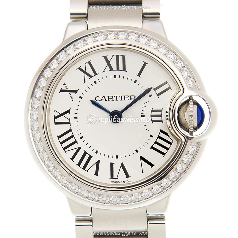 Cartier W4BB0015 BALLON BLEU, White Dial, Diamond-Trimmed Replica with Silver Steel Strap Watch