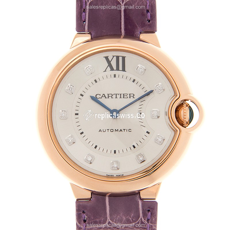 Cartier WJBB0010 Ballon Bleu Automatic 18kt Rose Gold Replica | White Dial, Alligator Purple Strap