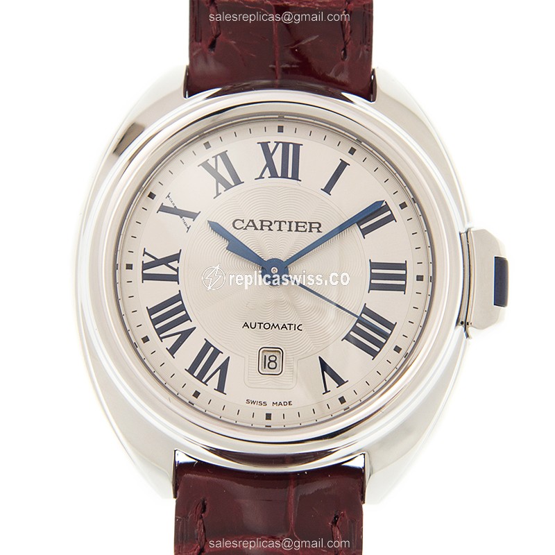 Chic Cartier CLe De CARTIER Automatic Steel Watch | White Dial, Red Alligator Strap