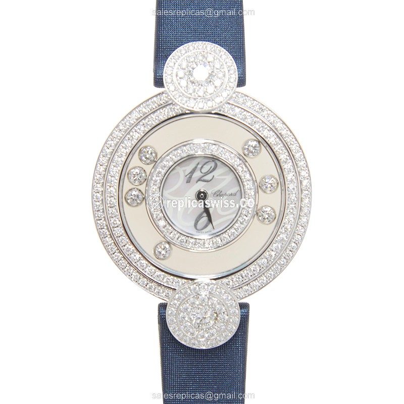 Chopard 209341-1001 Happy Diamonds Quartz Replica, 18kt White Gold Bezel, Skull Dial Watch