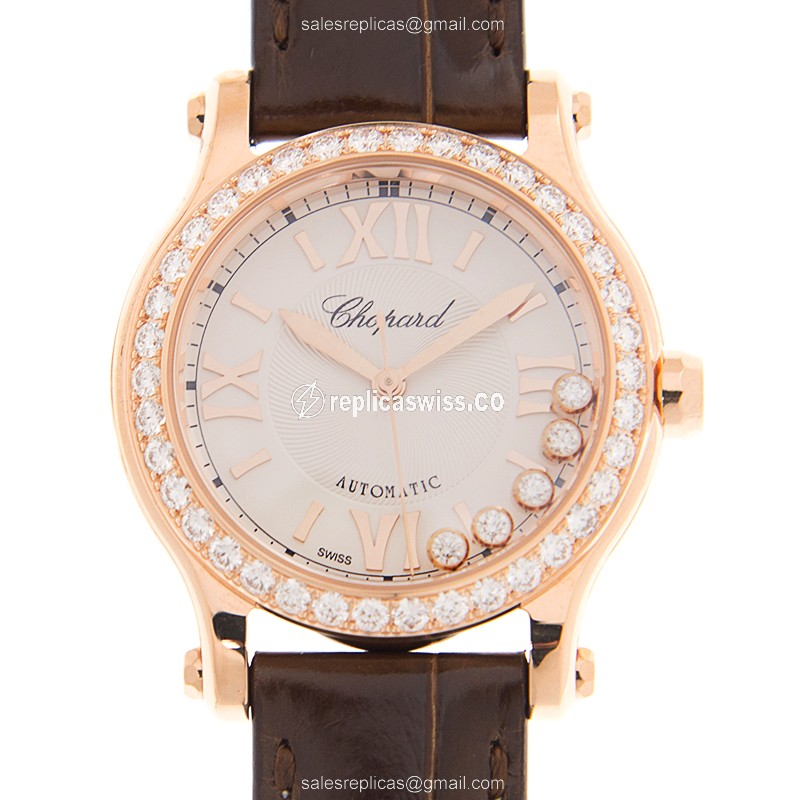 Chopard 274893-5012 Replica Automatic Watch in 18kt Rose Gold with White Dial Brown Alligator