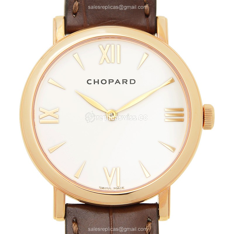 Chopard Classic Manual Wind Replica Watch | White Dial, 18kt Gold Case, Brown Alligator Strap
