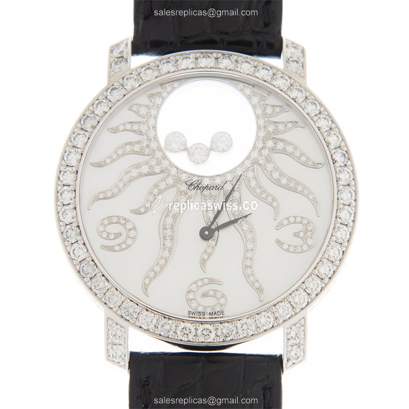 Chopard Happy Diamond Replica in 18kt White Gold, White Dial & Black Leather Strap Watch
