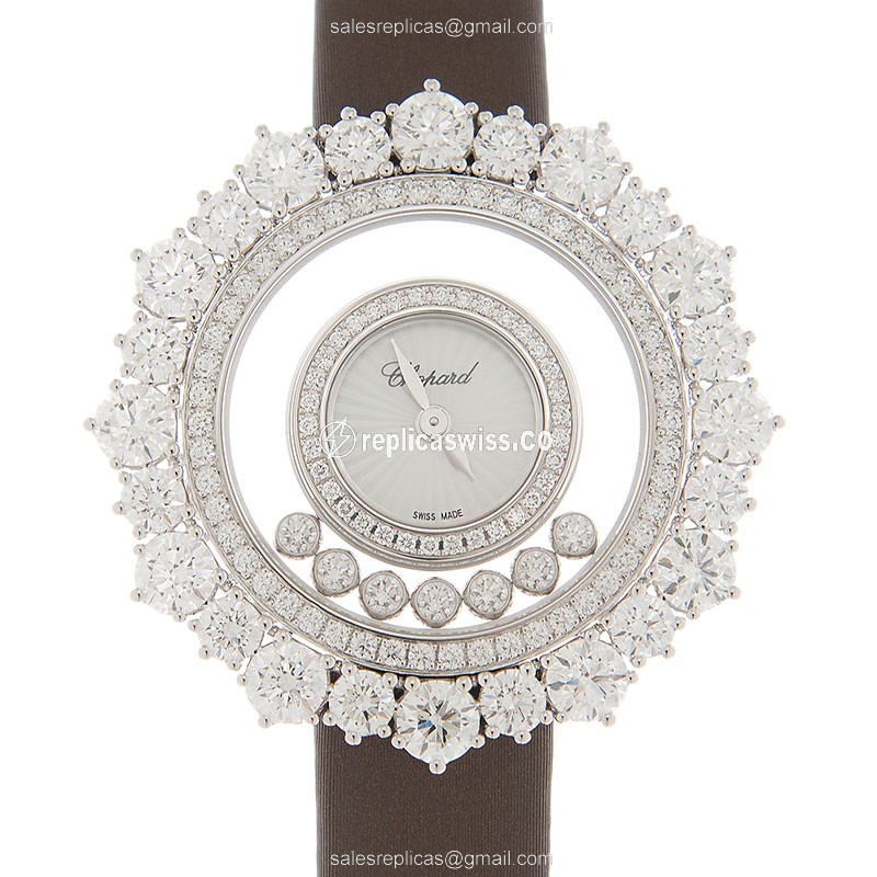 Chopard Happy Diamond Replica | White Diamond Dial, 18kt White Gold & Silk Strap Watch