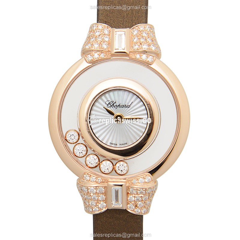 Chopard Happy Diamonds Replica, 18kt Rose Gold Case, Quartz Movement, Skull Dial Watch
