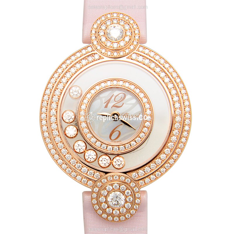 Chopard Happy Diamonds Replica in 18kt Rose Gold with Quartz Movement & Pink Satin Strap Watch