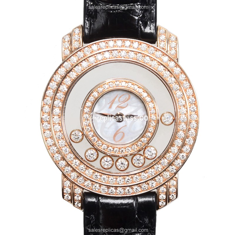 Chopard Happy Diamonds Replica with White Dial Alligator Strap, Rose Gold Case Watch