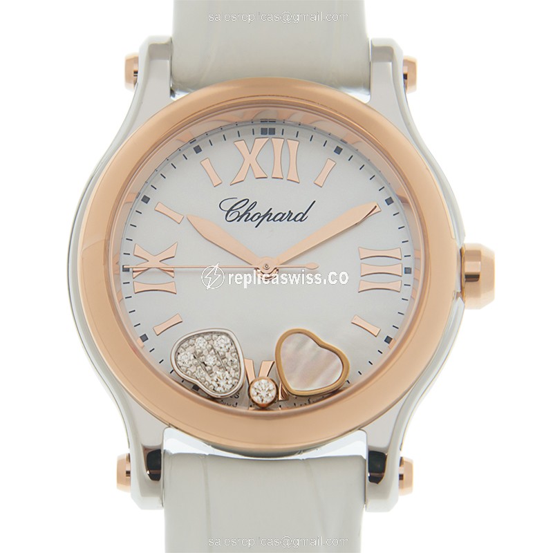Chopard Happy Hearts Replica, White Dial, 18kt Rose Gold Case & Alligator Strap Watch