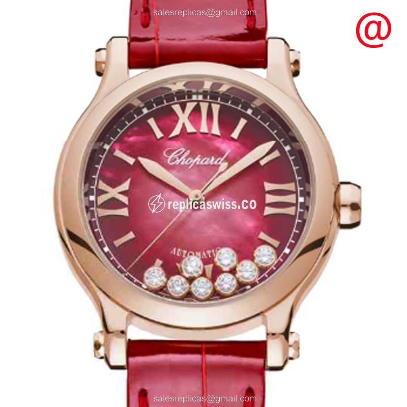 Chopard Happy Sport 275378-5005 Replica in 18kt Rose Gold, Automatic Movement, Red Dial & Alligator
