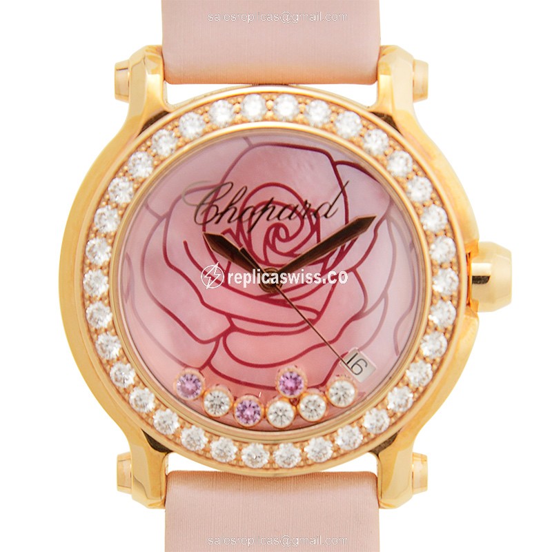 Chopard Happy Sport 277473-5011 Replica in 18kt Rose Gold, Pink Dial & Sapphire Crystal Watch