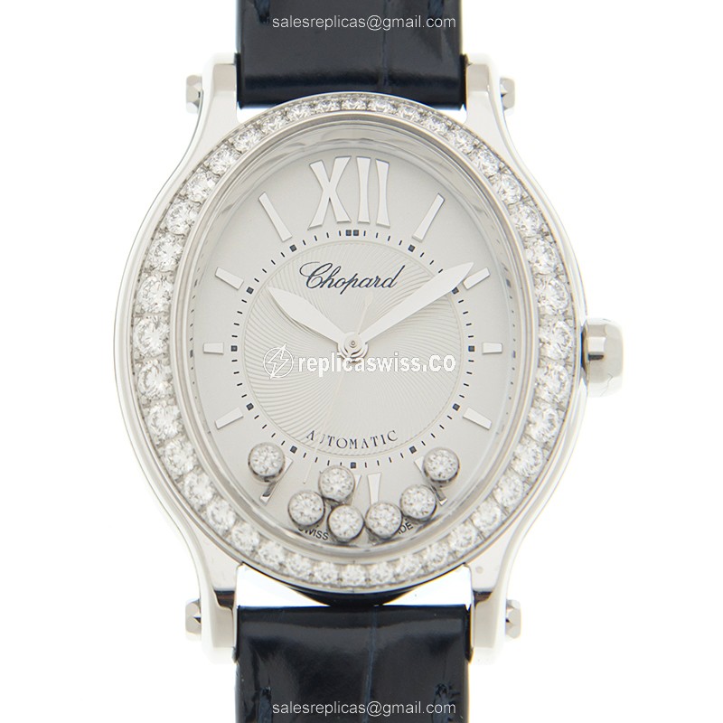 Chopard Happy Sport 278602-3003 Automatic Gold Watch, White Dial, Black Alligator Strap