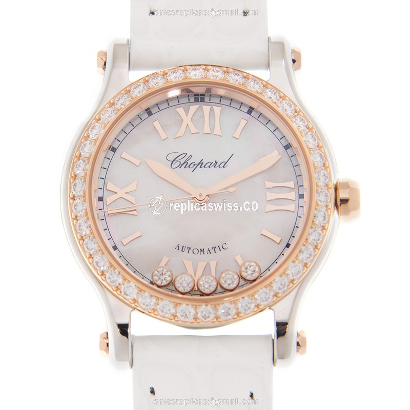 Chopard Happy Sport Automatic 18kt Gold White Dial, Alligator Strap Sapphire Crystal Watch