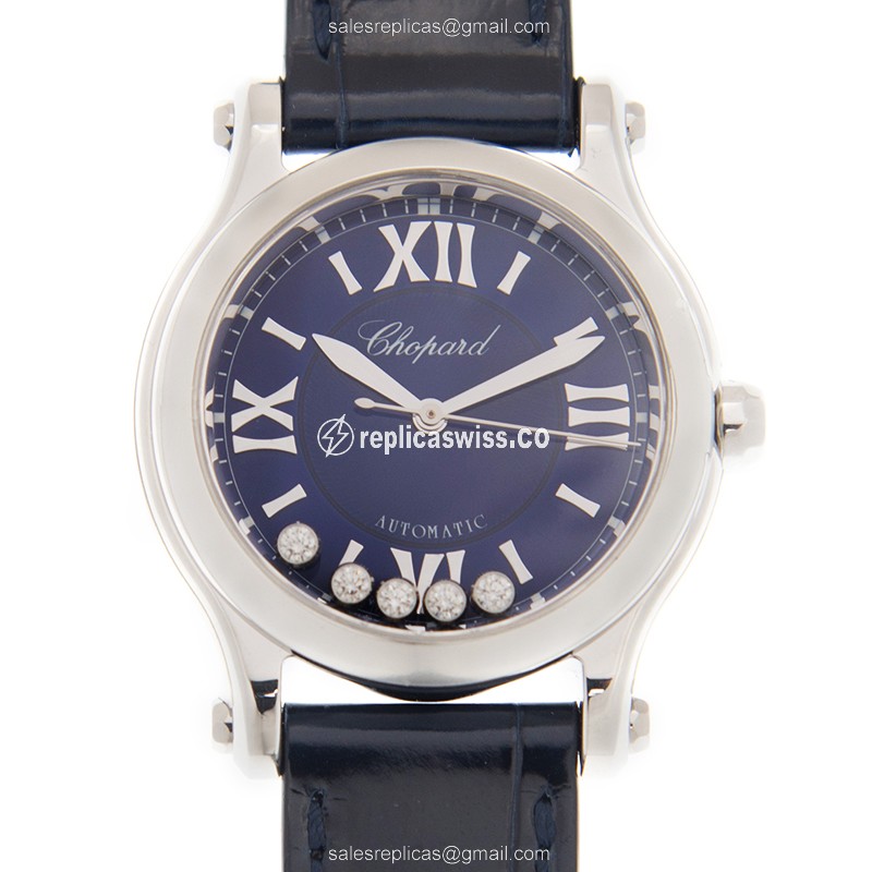 Chopard Happy Sport Automatic Blue Dial Steel Case Replica with Cowhide Blue Strap Watch