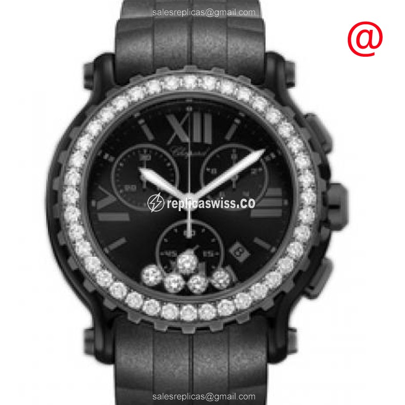 Chopard Happy Sport Quartz Replica | Black Dial, Stainless Steel Case & Diamond Bezels Watch