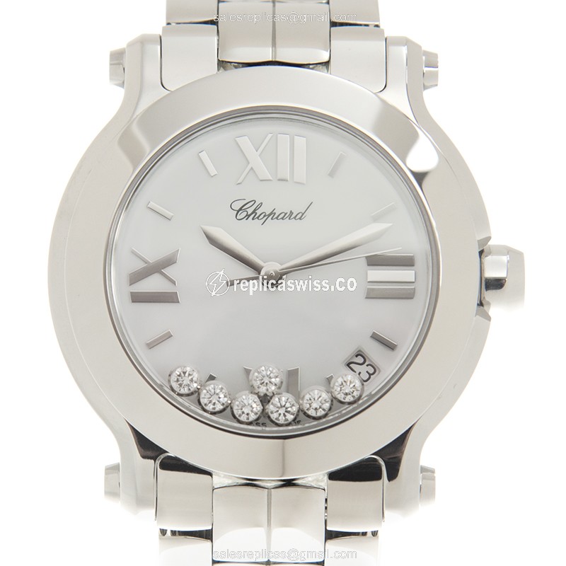 Chopard Happy Sport Quartz Replica in Polished Steel Case with White Dial Silver Band Watch