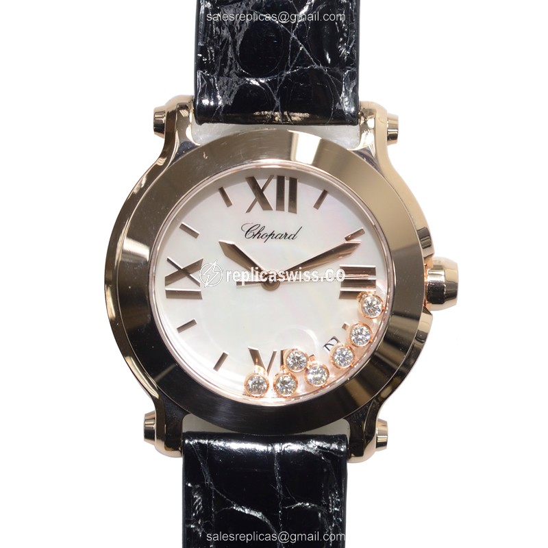 Chopard Happy Sport Quartz Watch in 18kt Rose Gold, White Dial, Black Alligator Strap