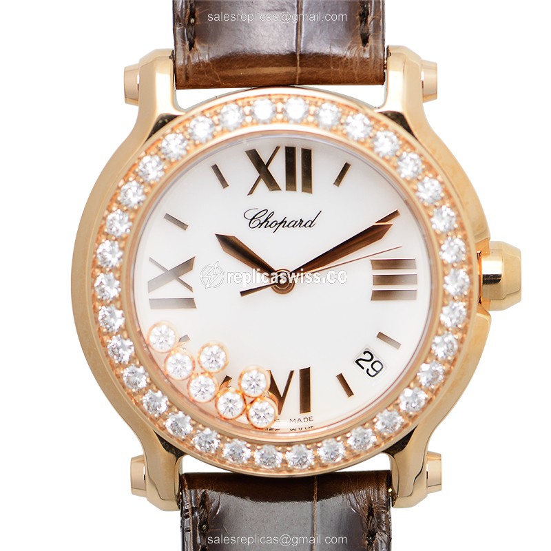 Chopard Happy Sport Replica in 18kt Rose Gold, White Dial, & Alligator Strap Watch