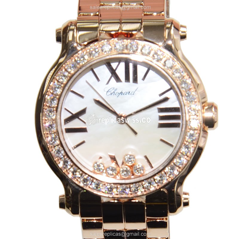 Chopard Happy Sport Replica in 18kt Rose Gold with White Dial Diamond Bezels Watch